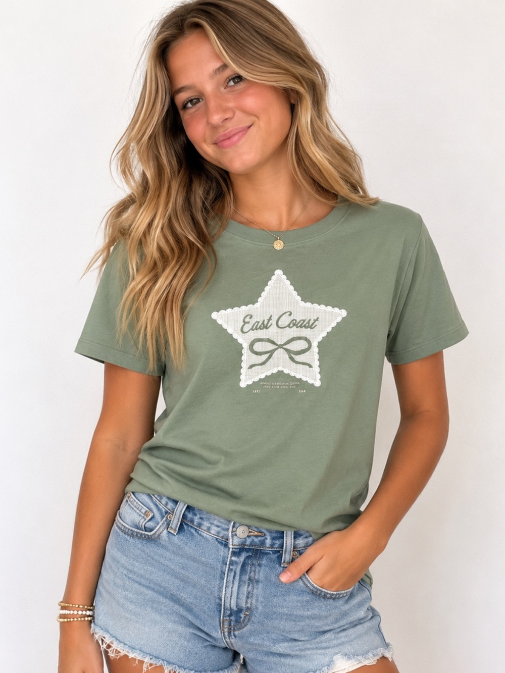 Abercrombie & Fitch Sage Green East Coast Star Bow Graphic Tee NWT 13/14